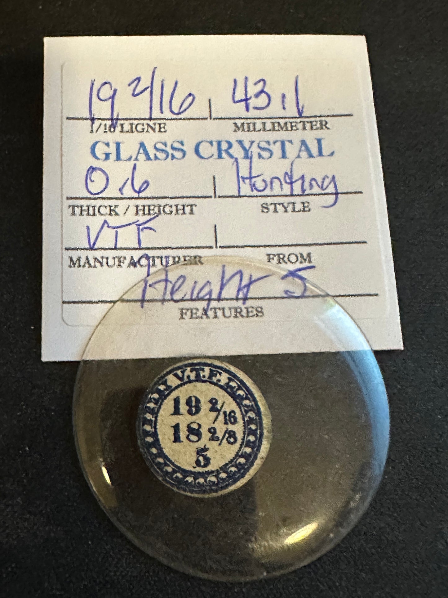 VTF Vintage Glass Hunting Case Watch Crystal 19-2/16 (~43.1mm) - NOS