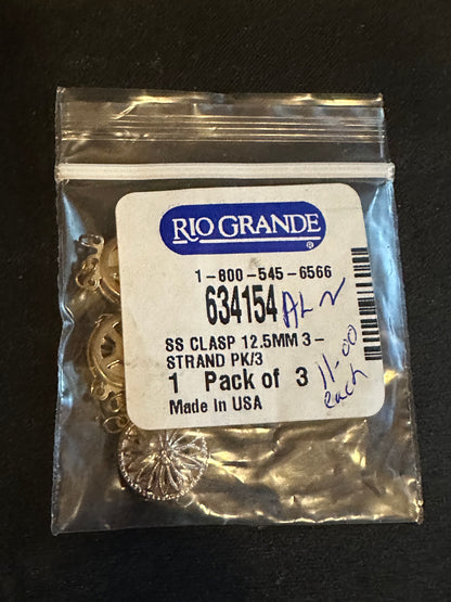 Pack of 3 - Sterling Silver Round 12.5mm diameter Filigree Box Safety Clasps, 2-Strand - New in bag