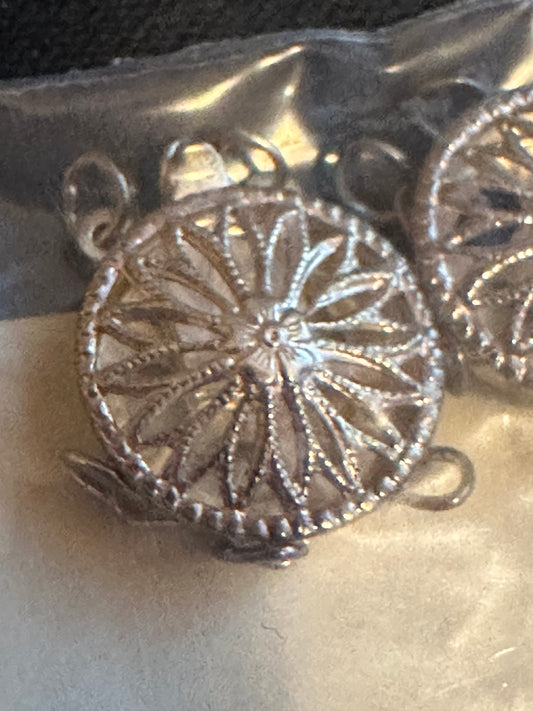 Pack of 3 - Sterling Silver Round 12.5mm diameter Filigree Box Safety Clasps, 2-Strand - New in bag