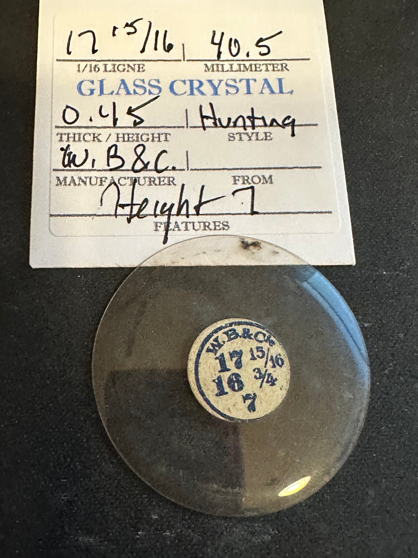 W. B. & C. Vintage Glass Hunting Case Watch Crystal 17-15/16 (~40.5mm) - NOS