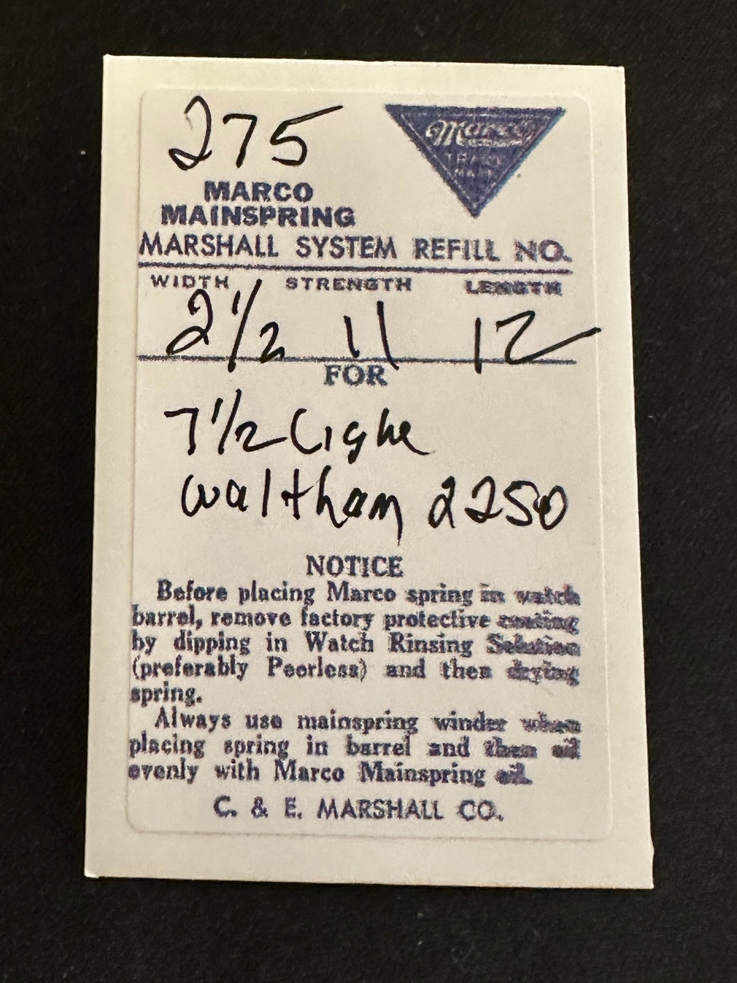 Marco Mainspring #275 for Waltham 7½ ligne Model 750B No. 2250 - Steel