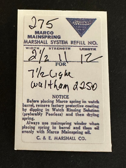 Marco Mainspring #275 for Waltham 7½ ligne Model 750B No. 2250 - Steel
