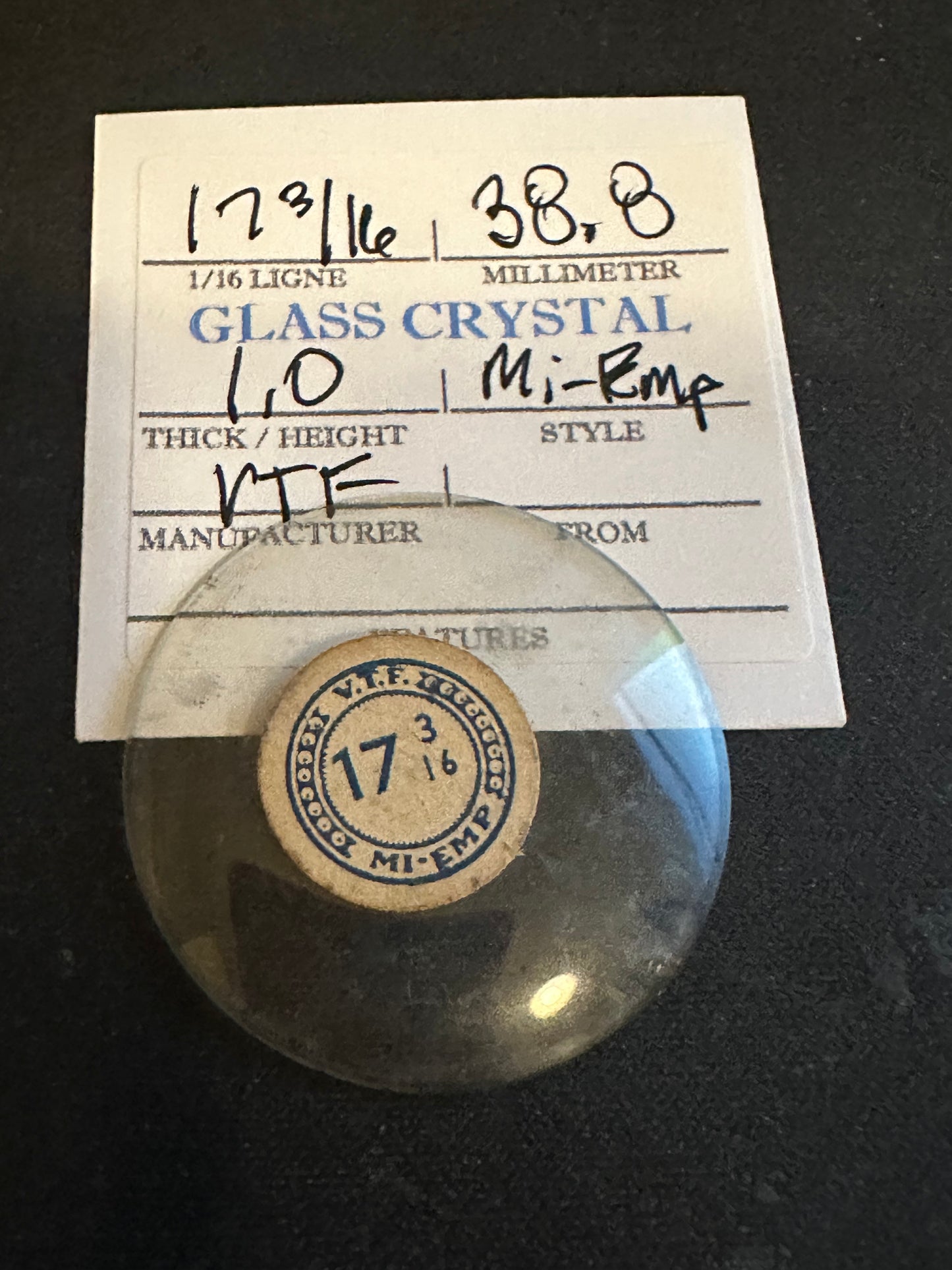 VTF Vintage Glass Pocket Watch Crystal 17-3/16 (~38.8mm) - NOS