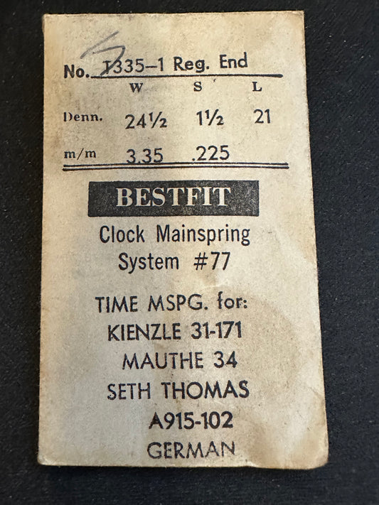 BESTFIT Clock TIME Mainspring for Mauthe 34, Kienzle 31-171, Seth Thomas A915-102, No. T335-1