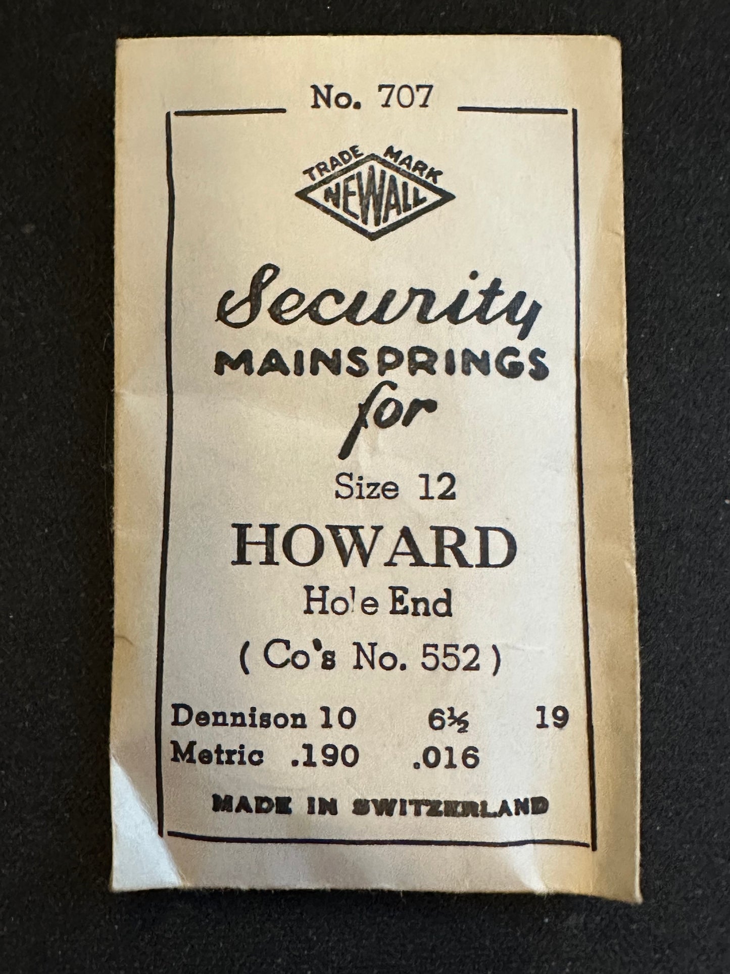 Newall Security Mainspring #707 for Howard 12s Factory No. 552 - Steel