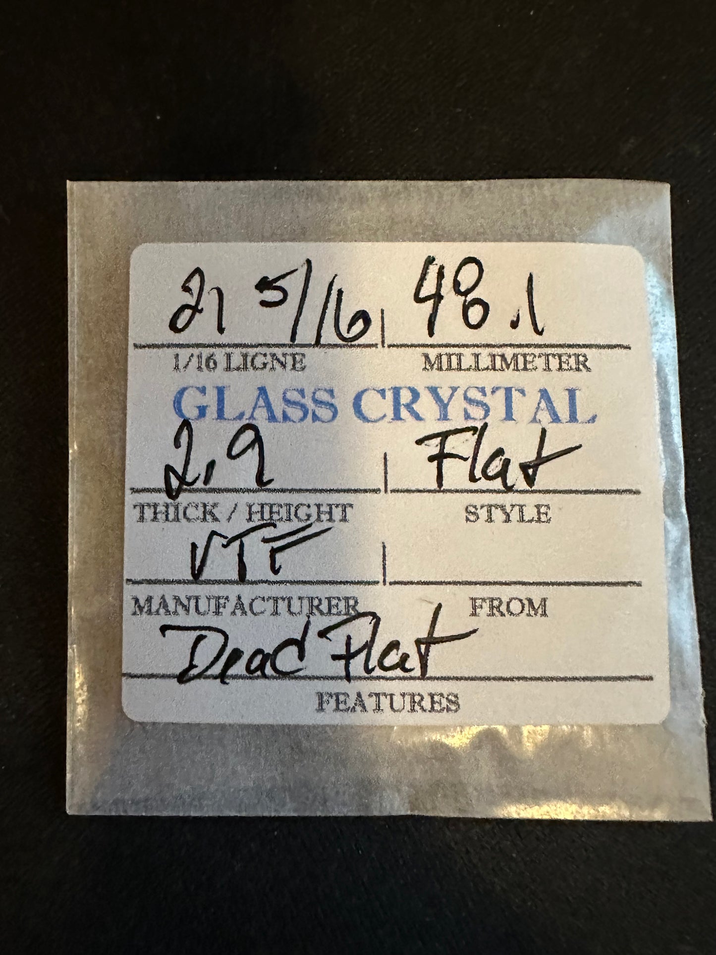 VTF Vintage FLAT Glass Pocket Watch Crystal 21-5/16 (~48.1mm) - NOS