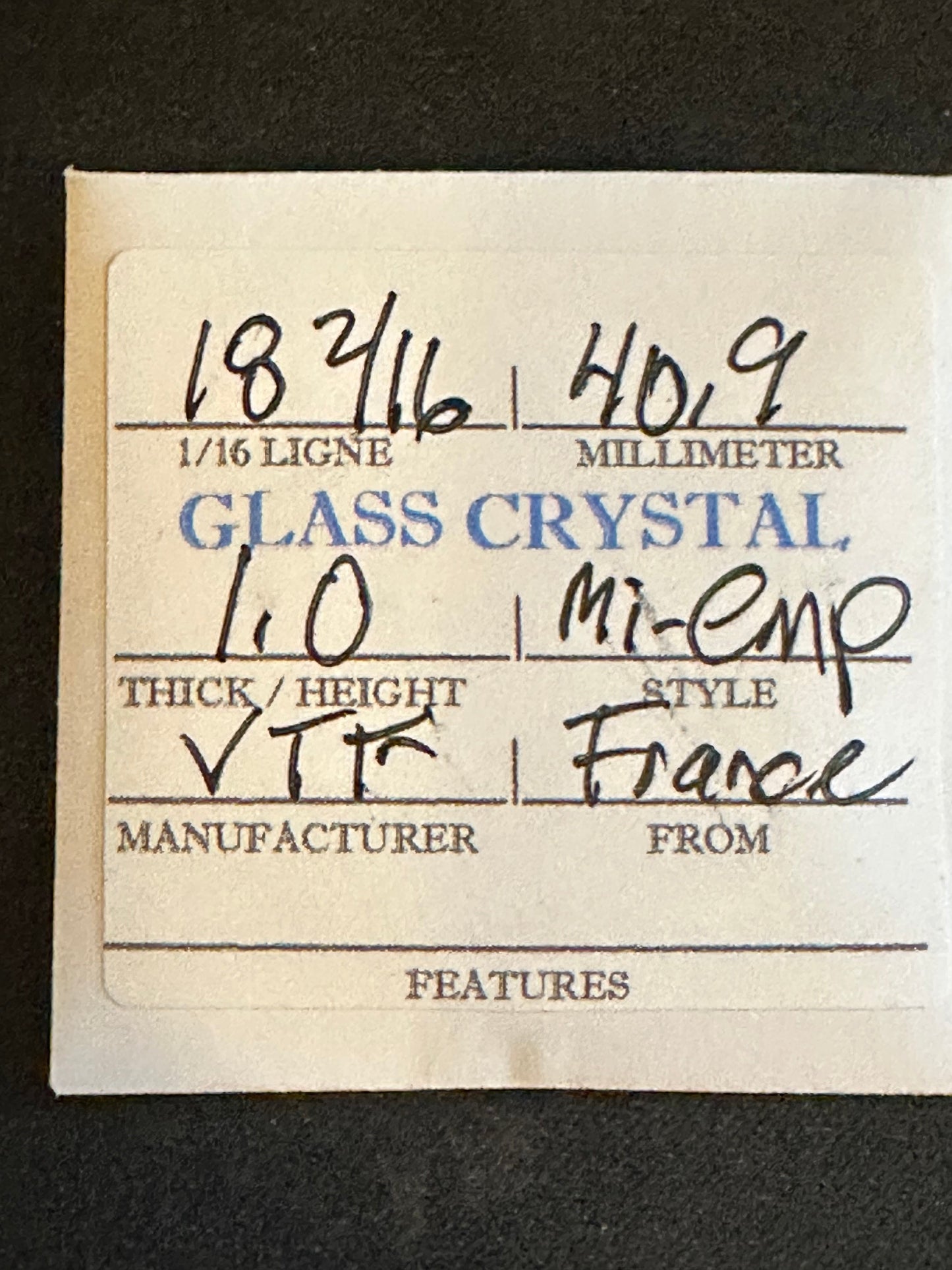 VTF Vintage Glass Pocket Watch Crystal 18-2/16 (~40.9mm) - NOS