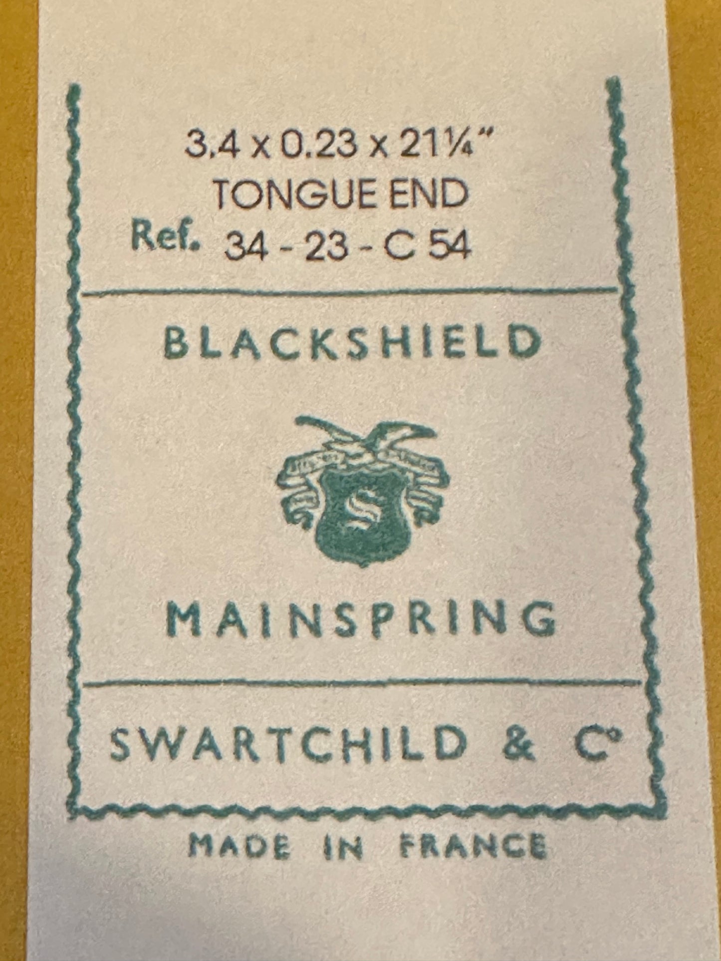 Swartchild Black Shield Clock Mainspring 3.4 x .23 mm x 21¼" Ref 34-23 C 54