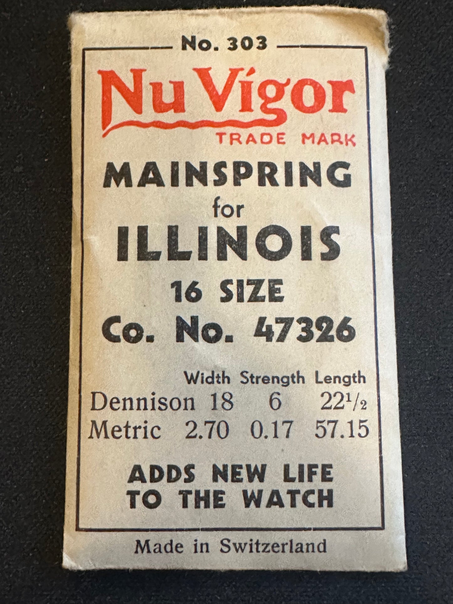NuVigor Mainspring #303 for Illinois 16s Factory No. 47326 - Steel