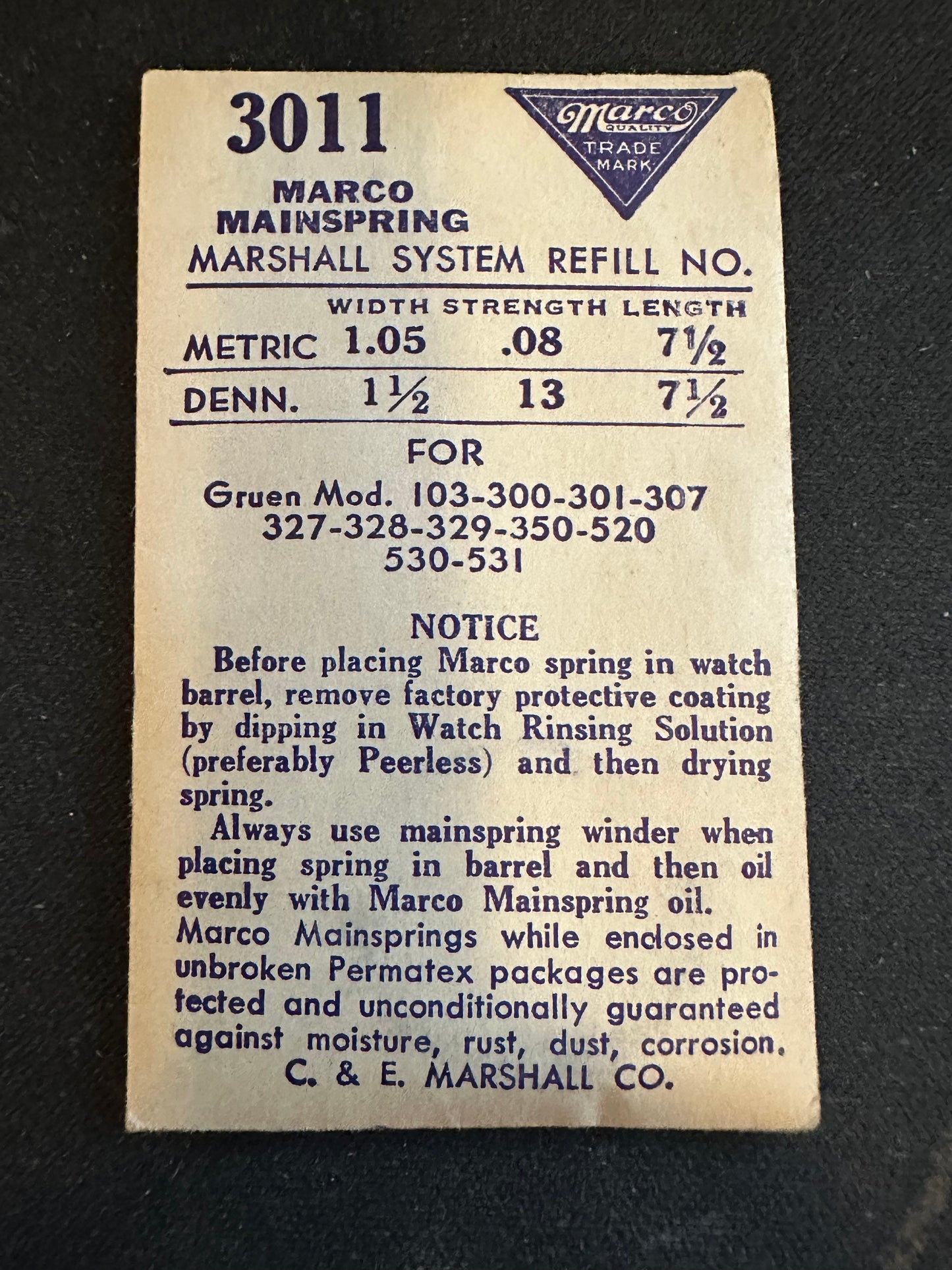 Marco Mainspring 3011 for Gruen 300, 301, 307, 327, 328, 329, 350, etc. - Steel
