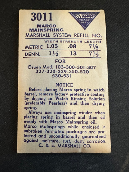 Marco Mainspring 3011 for Gruen 300, 301, 307, 327, 328, 329, 350, etc. - Steel