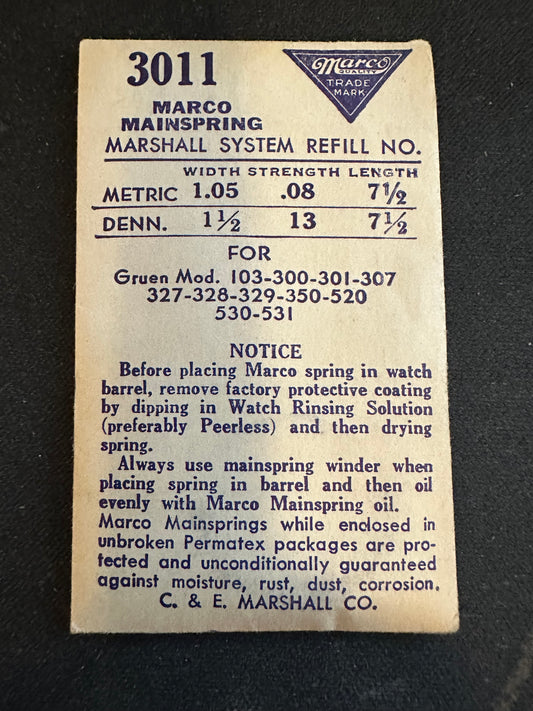 Marco Mainspring 3011 for Gruen 300, 301, 307, 327, 328, 329, 350, etc. - Steel