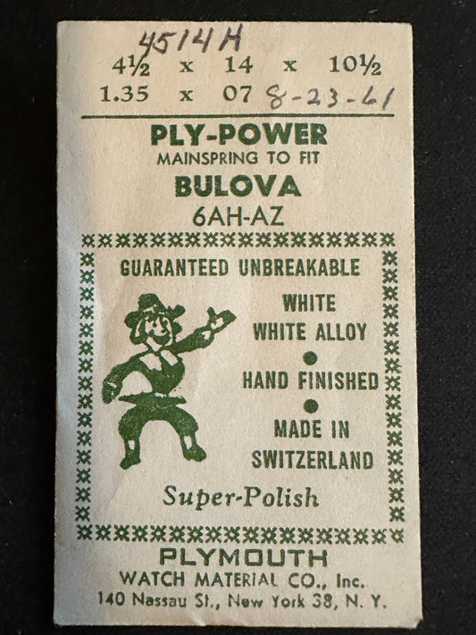 Plymouth Ply-Power Mainspring for Bulova 6AH, 6AZ - Alloy
