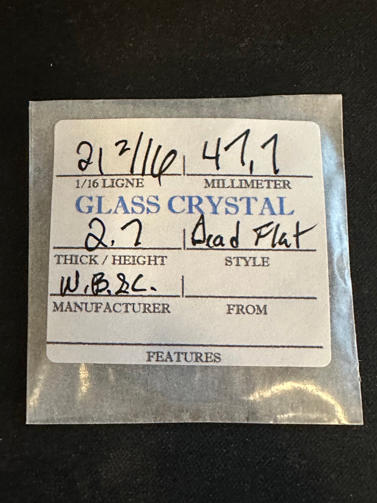 W. B. & C. Vintage FLAT Glass Pocket Watch Crystal 21-2/16 (~47.7mm) - NOS