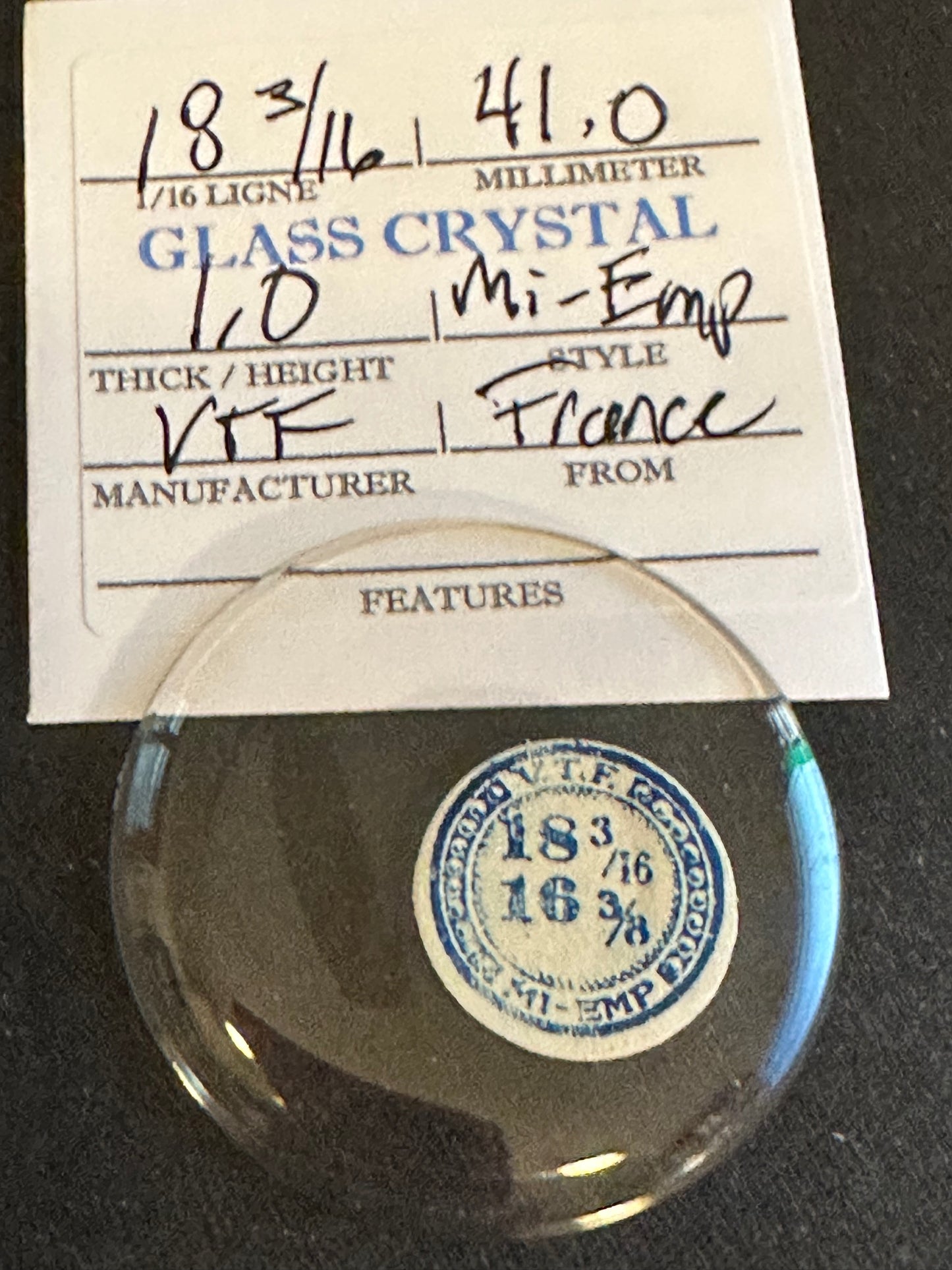 VTF Vintage Glass Pocket Watch Crystal 18-3/16 (~41.0mm) - NOS