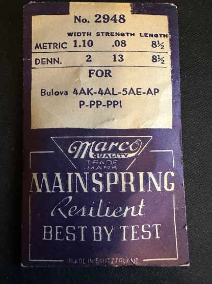 Marco Mainspring No. 2948 for Bulova caliber 4AK, 4AL, 5AR, 5AP, 5P, 5PP, 5PPI - Steel