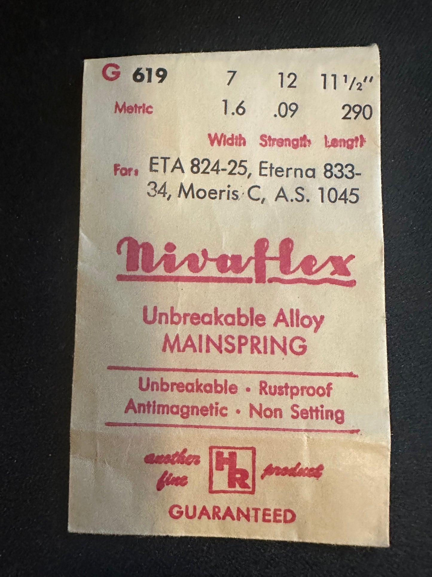 HR Nivaflex Mainspring No. G619 for ETA 824, 825, Eterna 833, 834, Moeris C, AS 1045 - Alloy