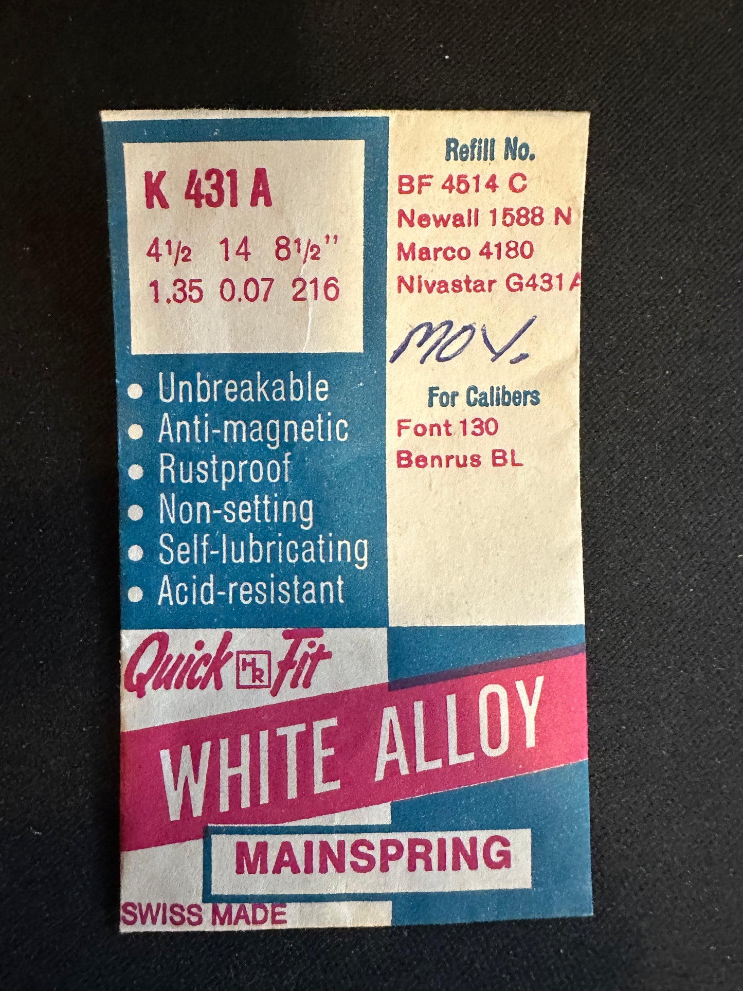 HR Quick Fit Mainspring K431A for Font 130, Benrus BL - Alloy