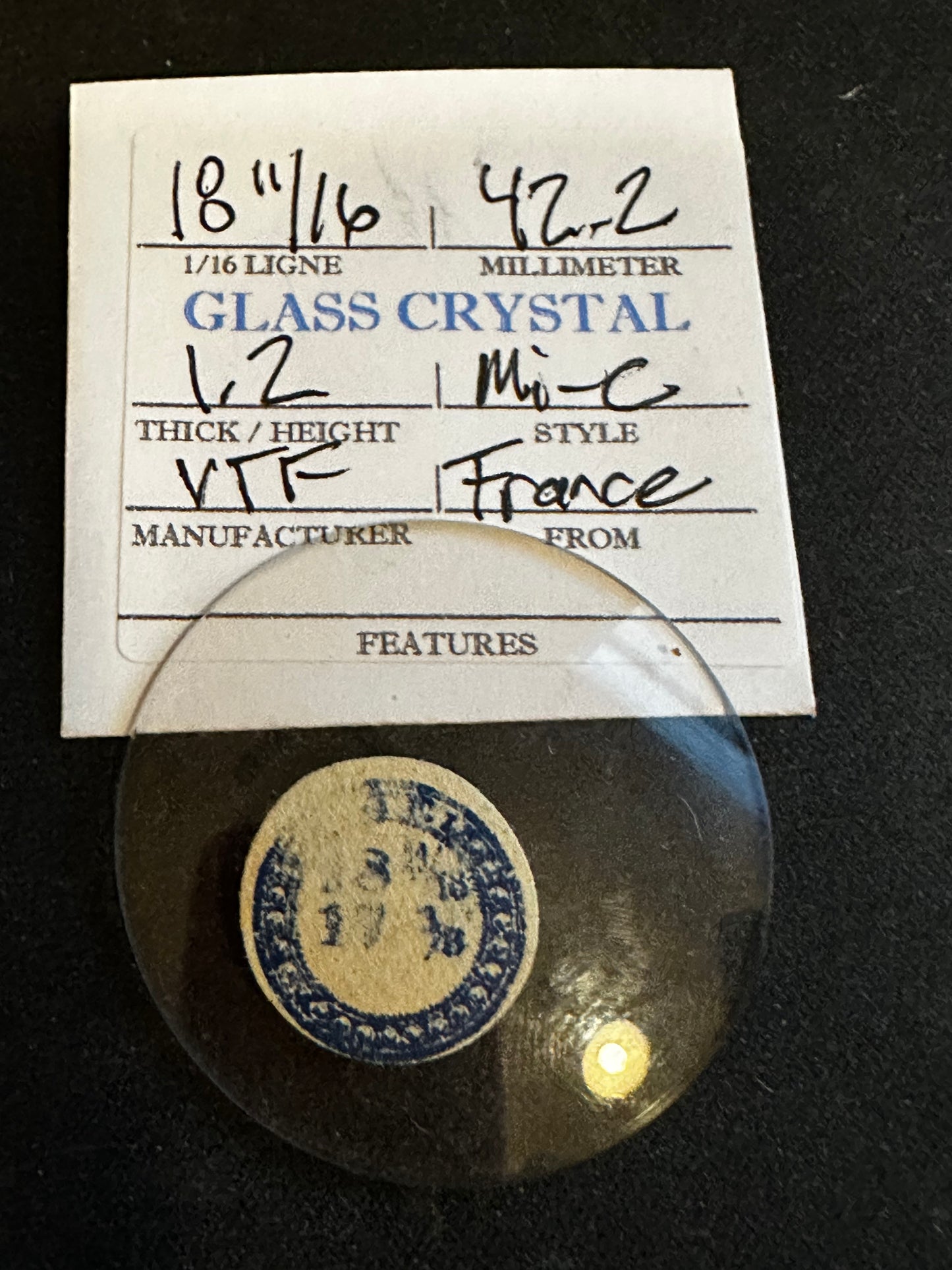 VTF Vintage Glass Pocket Watch Crystal 18-11/16 (~42.2mm) - NOS