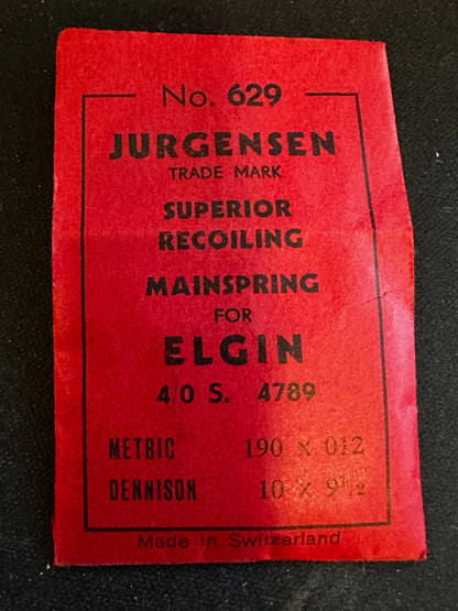 Jurgensen Mainspring #629 for Elgin 4/0s Factory No. 4789 - Steel