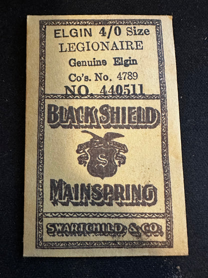 Swartchild Black Shield Mainspring #440511 for Elgin 4/0s No. 4789 - Steel
