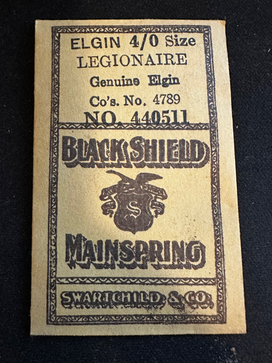 Swartchild Black Shield Mainspring #440511 for Elgin 4/0s No. 4789 - Steel