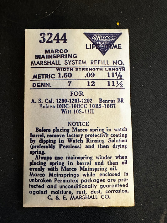 Marco Mainspring #3244 for Bulova 10BC, 10BCC, 10BS, 10BT, AS 1200, 1201, 1202 - Steel