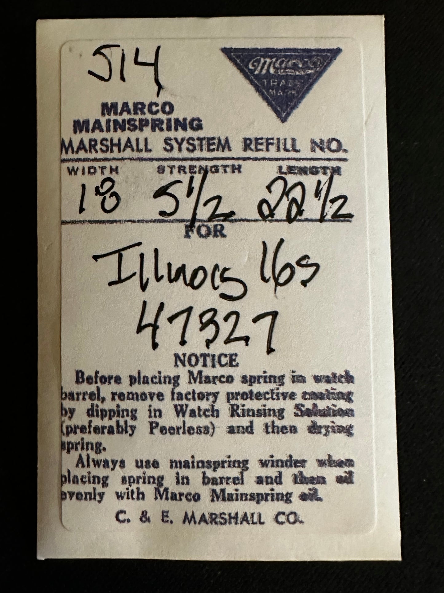 Marco Mainspring #514 for 16s Illinois 17j Factory No. 47327 - Steel