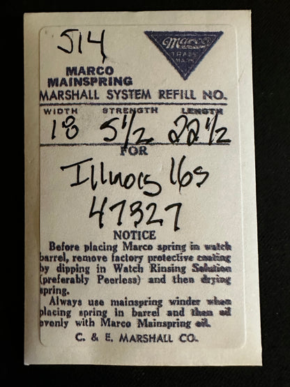 Marco Mainspring #514 for 16s Illinois 17j Factory No. 47327 - Steel