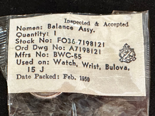Bulova Caliber 10AK Military Issue Balance Complete New in Packaging