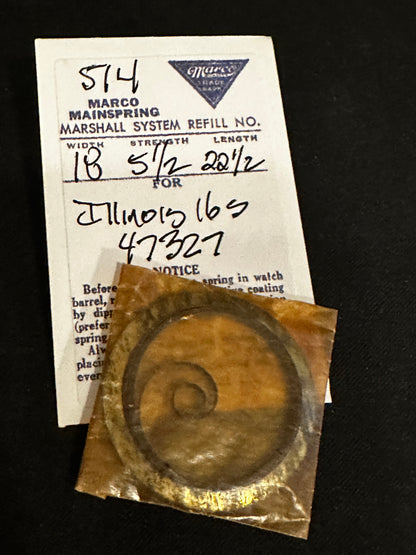 Marco Mainspring #514 for 16s Illinois 17j Factory No. 47327 - Steel