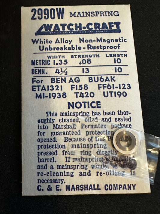 WATCH-CRAFT Mainspring 2990W for ETA 1321, Bulova 6AK, Mido 1938, Tavannes 420 - Alloy
