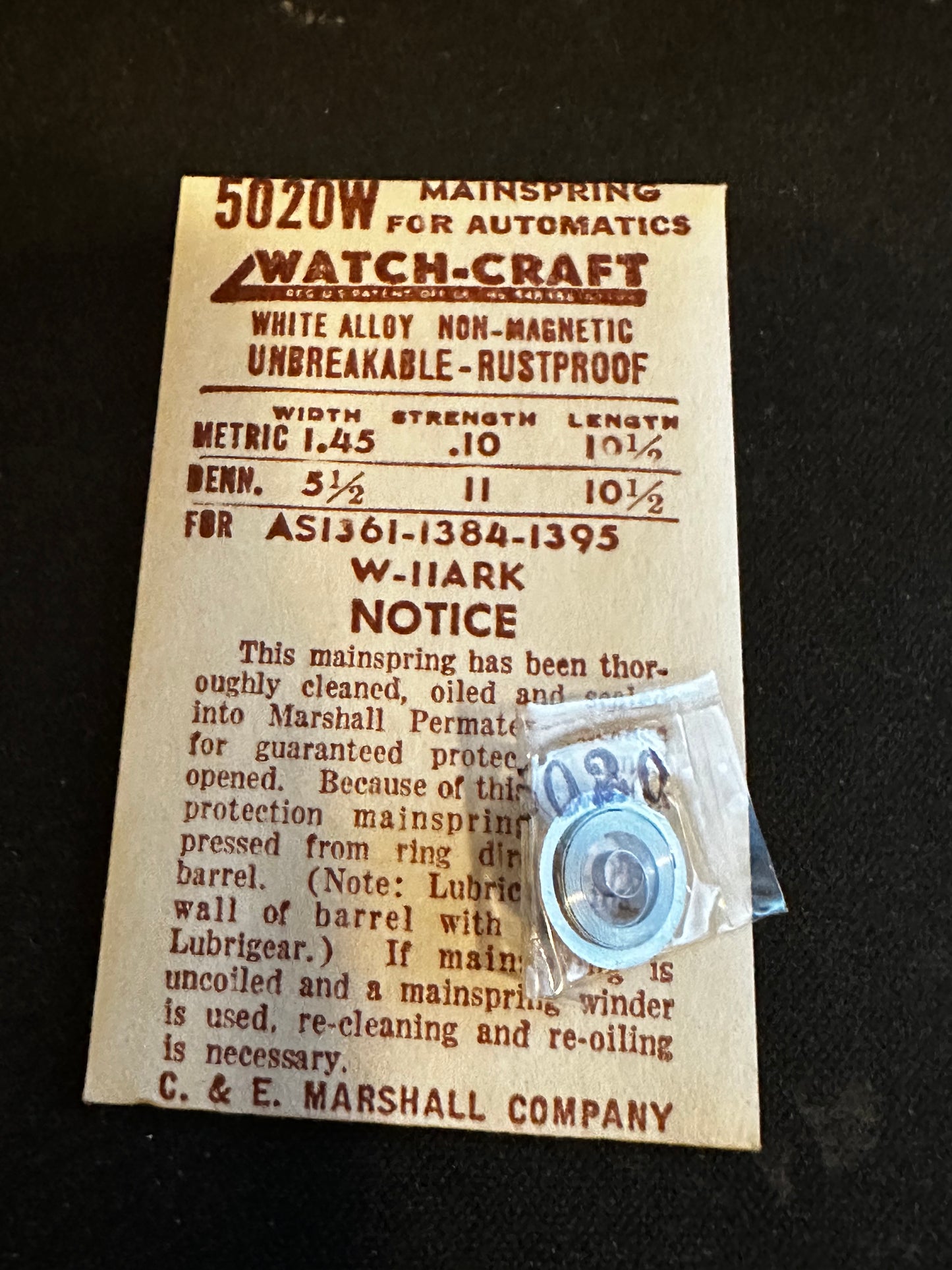 WATCH-CRAFT Mainspring 5020W for Wittnauer 11ARK, AS 1361, 1384, 1395 Automatic - Alloy