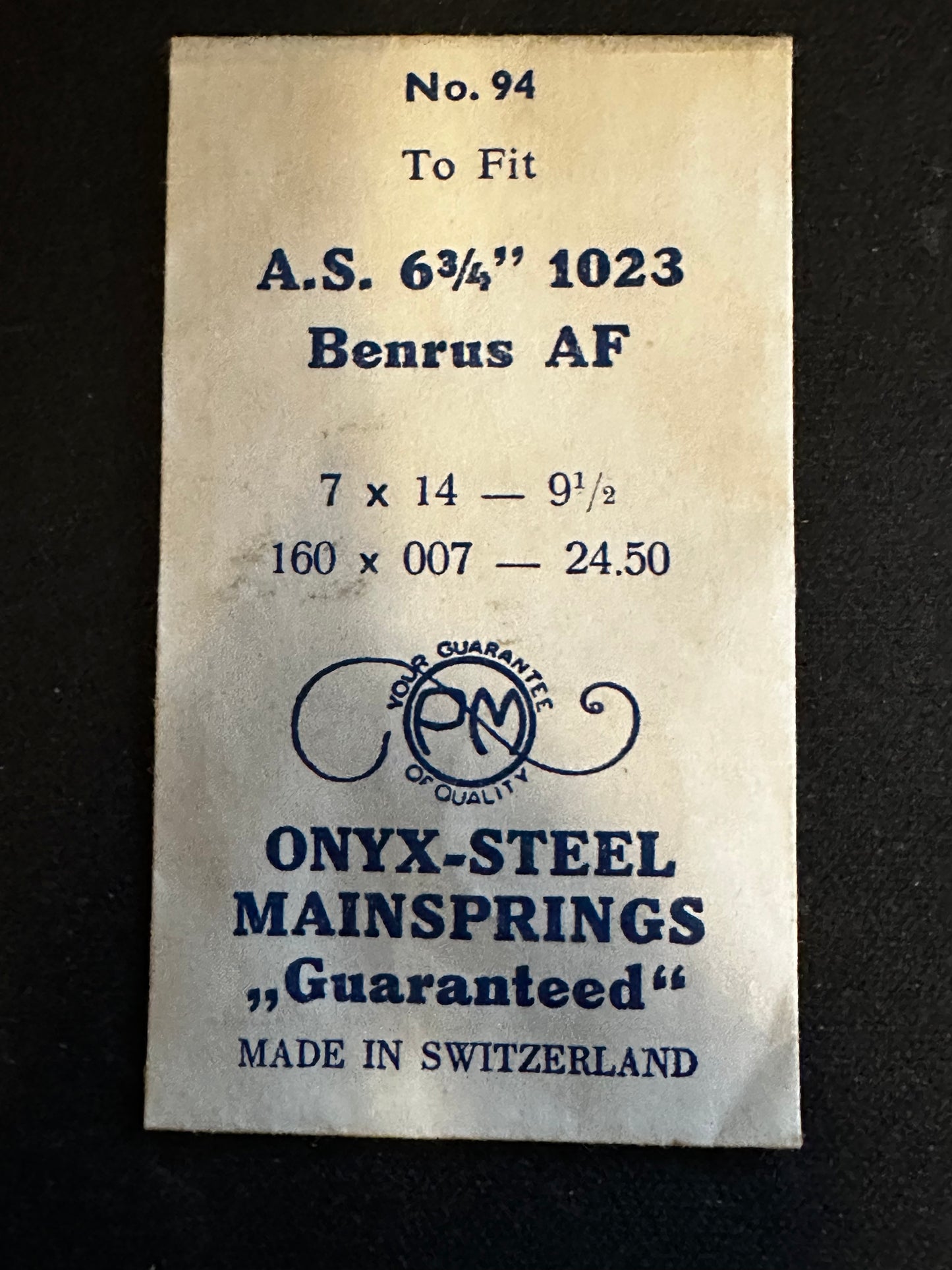 PM Mainspring No. 94 for Benrus AF & AS 1023 - ONYX Steel