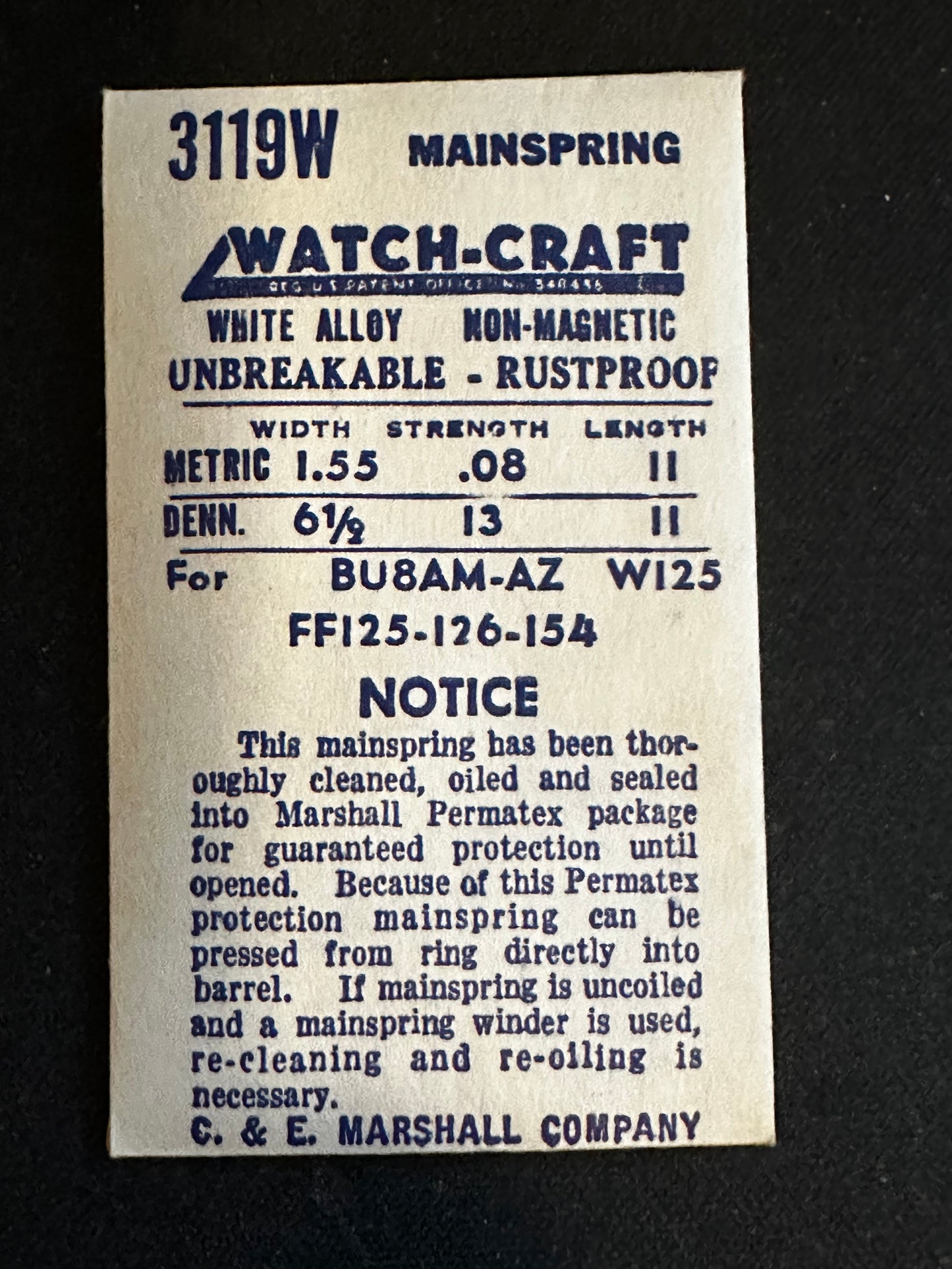 WATCH-CRAFT Mainspring 3119W for Bulova 8AM, 8AZ, Font 125, 126, 154 - Alloy