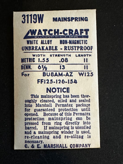 WATCH-CRAFT Mainspring 3119W for Bulova 8AM, 8AZ, Font 125, 126, 154 - Alloy