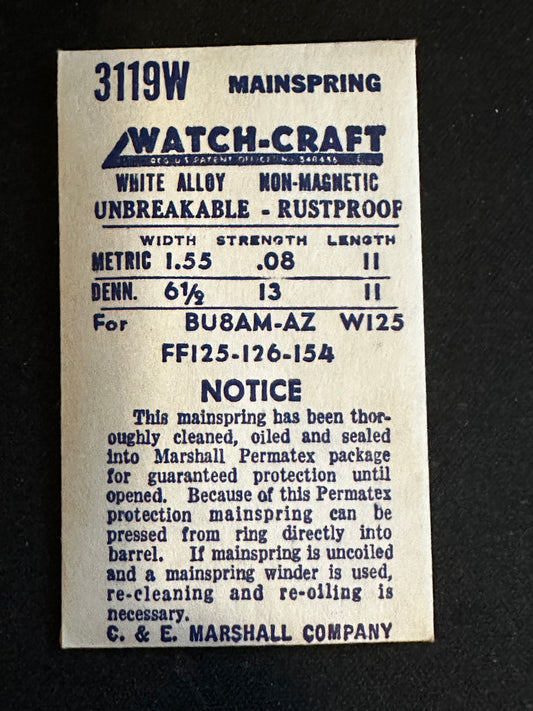 WATCH-CRAFT Mainspring 3119W for Bulova 8AM, 8AZ, Font 125, 126, 154 - Alloy