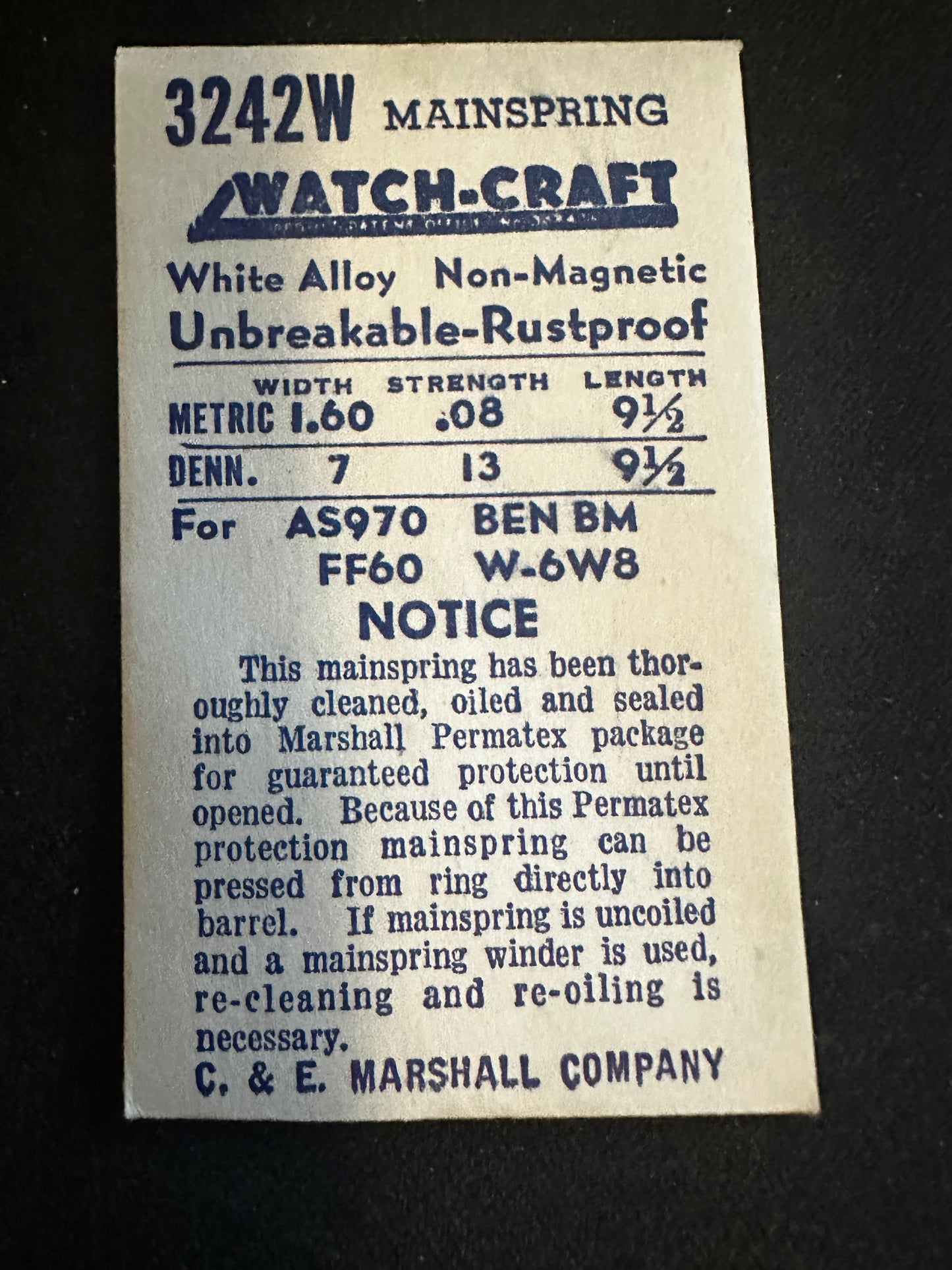 WATCH-CRAFT Mainspring 3242W for AS 970, Benrus BM, Font 60, Wittnauer 6W8 - Alloy