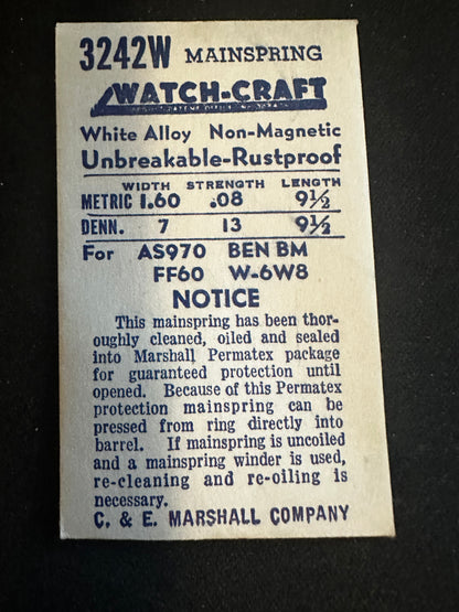 WATCH-CRAFT Mainspring 3242W for AS 970, Benrus BM, Font 60, Wittnauer 6W8 - Alloy
