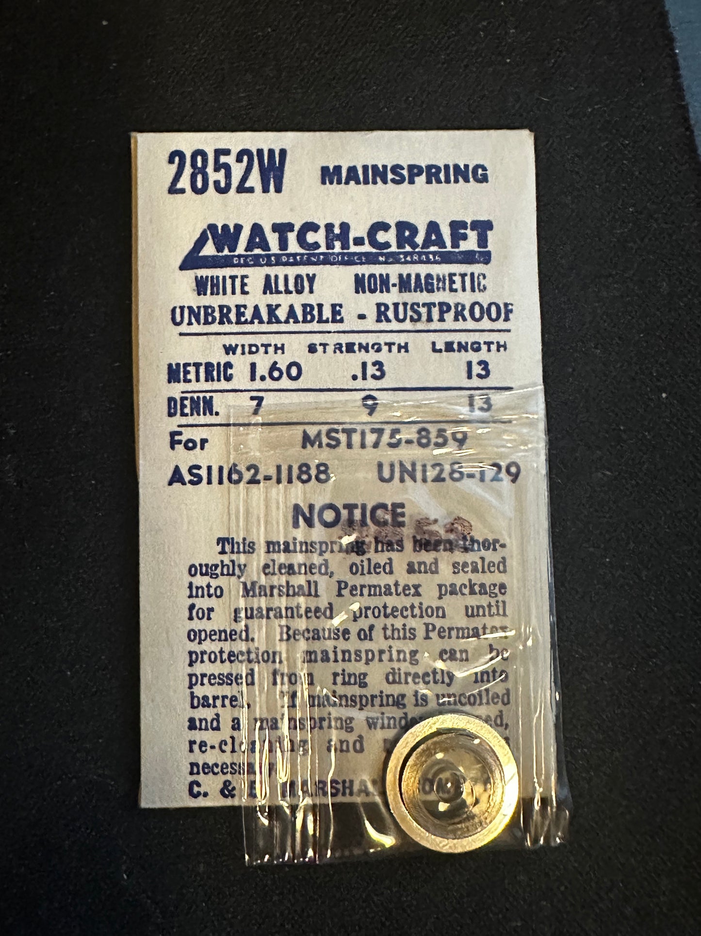 WATCH-CRAFT Mainspring 2852W for Universal 128, 129, MST 175, 859, AS 1162, 1188 - Alloy