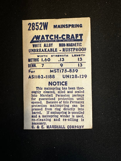 WATCH-CRAFT Mainspring 2852W for Universal 128, 129, MST 175, 859, AS 1162, 1188 - Alloy