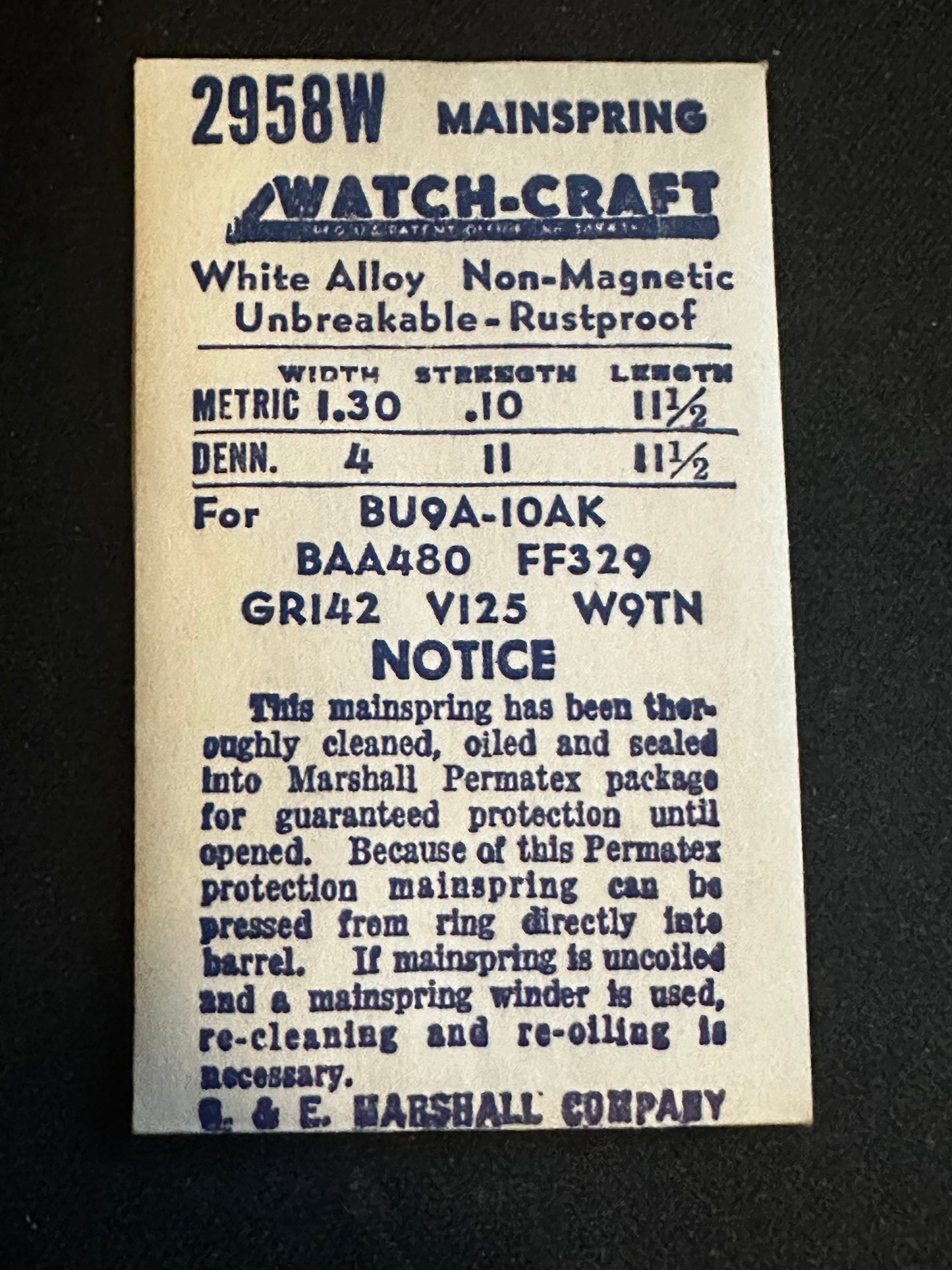 WATCH-CRAFT Mainspring 2958W for Bulova 9A, 10AK, 10BK, 10BM, Venus 125, Buren 480, Gruen 142 - Alloy