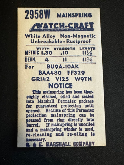 WATCH-CRAFT Mainspring 2958W for Bulova 9A, 10AK, 10BK, 10BM, Venus 125, Buren 480, Gruen 142 - Alloy