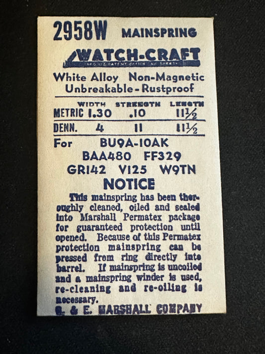 WATCH-CRAFT Mainspring 2958W for Bulova 9A, 10AK, 10BK, 10BM, Venus 125, Buren 480, Gruen 142 - Alloy