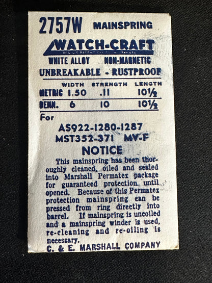 WATCH-CRAFT Mainspring 2757W for AS 922, 1280, 1287, MST 352, 371, MV F - Alloy