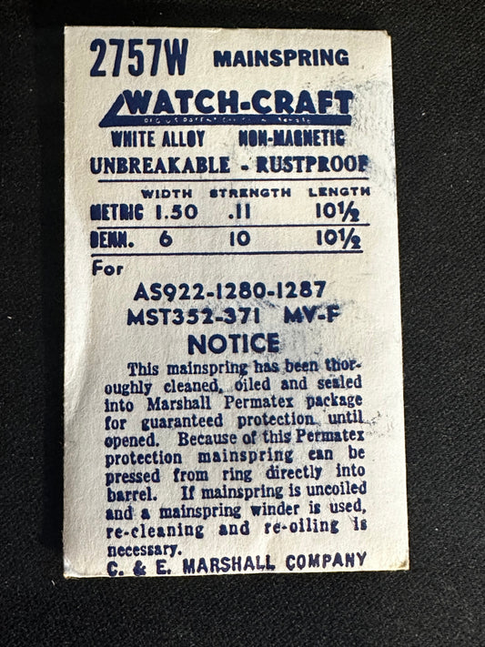 WATCH-CRAFT Mainspring 2757W for AS 922, 1280, 1287, MST 352, 371, MV F - Alloy