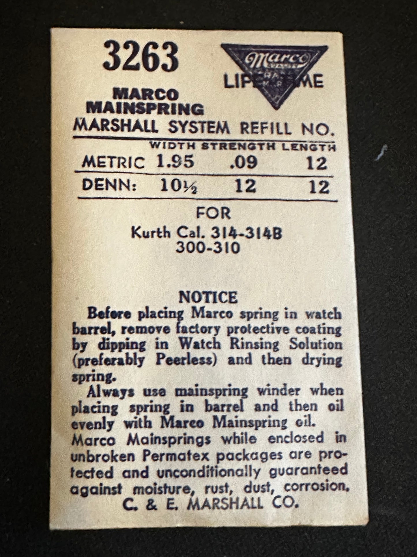Marco Mainspring #3263 for Kurth 300, 310, 314, 314B - Steel