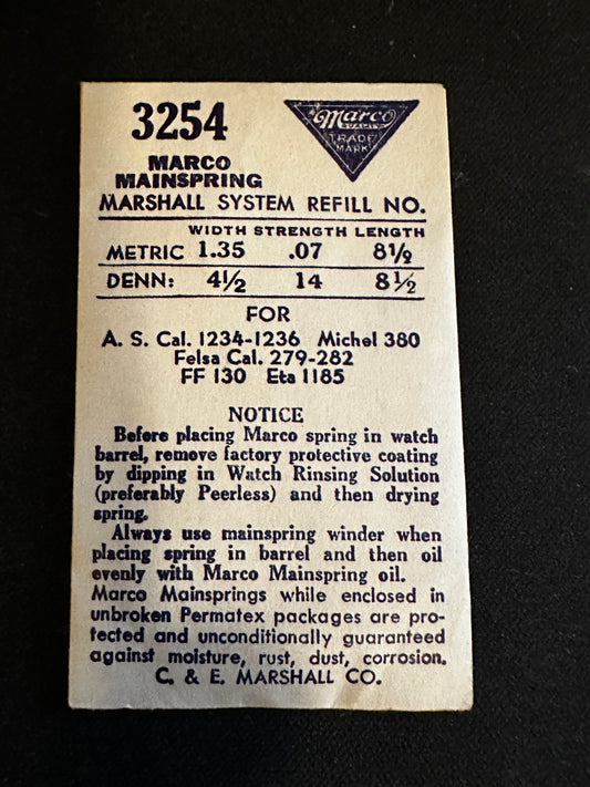Marco Mainspring #3254 for AS 1234, 1236, Felsa 279, 282, Font 130, ETA 1185 - Steel