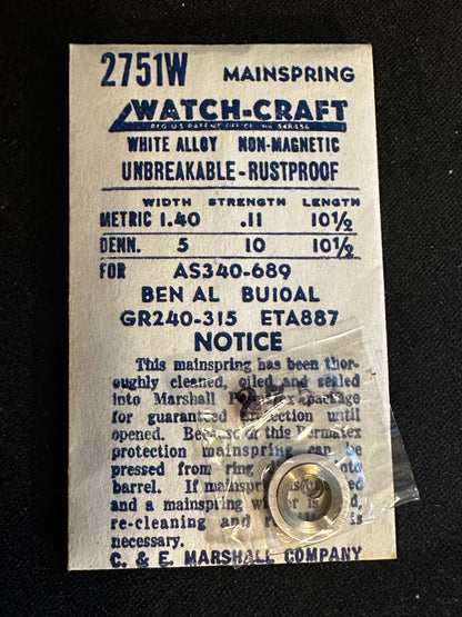 WATCH-CRAFT Mainspring 2751W for AS 340, 689, ETA 887, Gruen 240, 315, Bulova 10AL - Alloy
