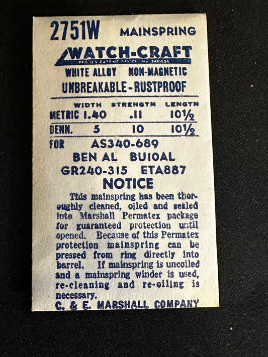 WATCH-CRAFT Mainspring 2751W for AS 340, 689, ETA 887, Gruen 240, 315, Bulova 10AL - Alloy